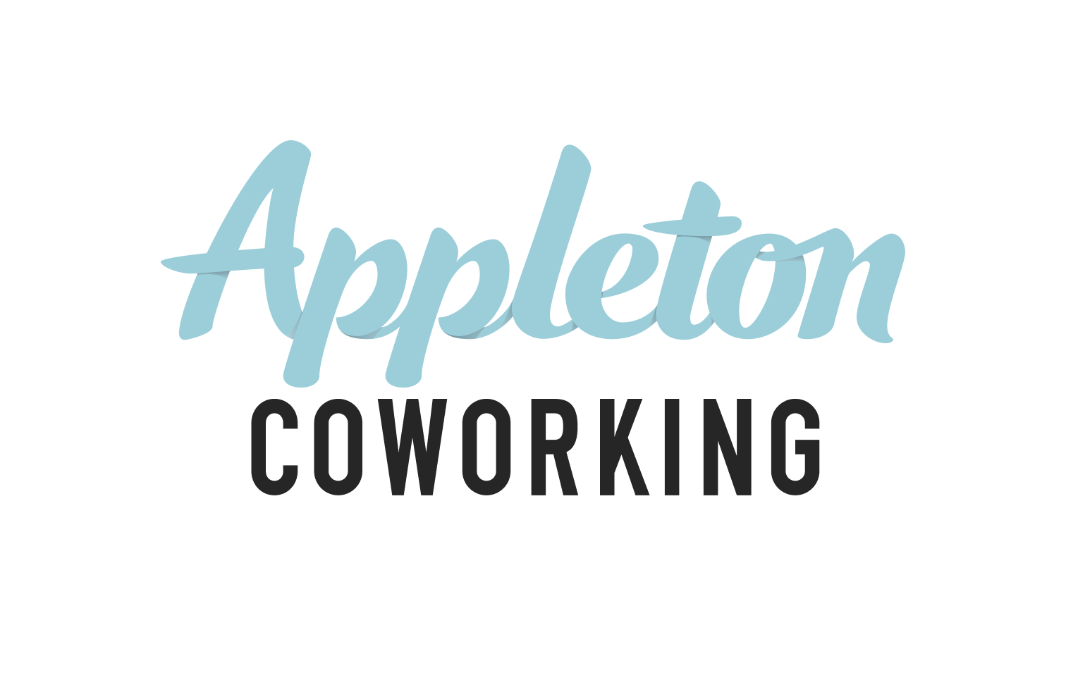 The logotype for Appleton Coworking, with the word /”Appleton/” rendered in a teal hand lettering style, and the work /”Coworking/” in a dark gray, condensed, geometric font.