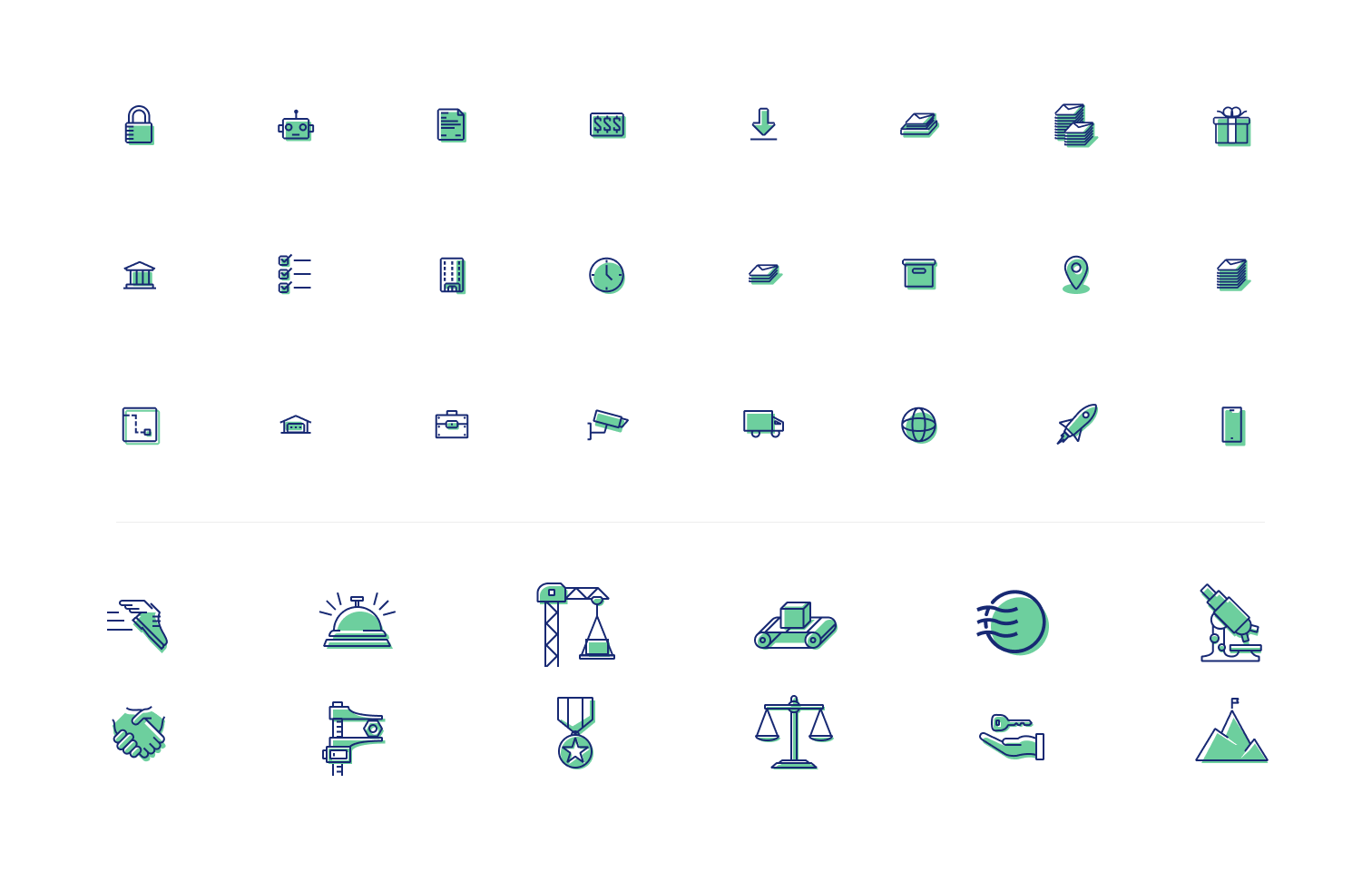 Thirty-six icons rendered in a flat duotone style that mirrored Earth Class Mail’s new brand. The icons lean heavily into a postal mail motif, showcasing mailboxes, envelopes, parcels, delivery trucks, etc.