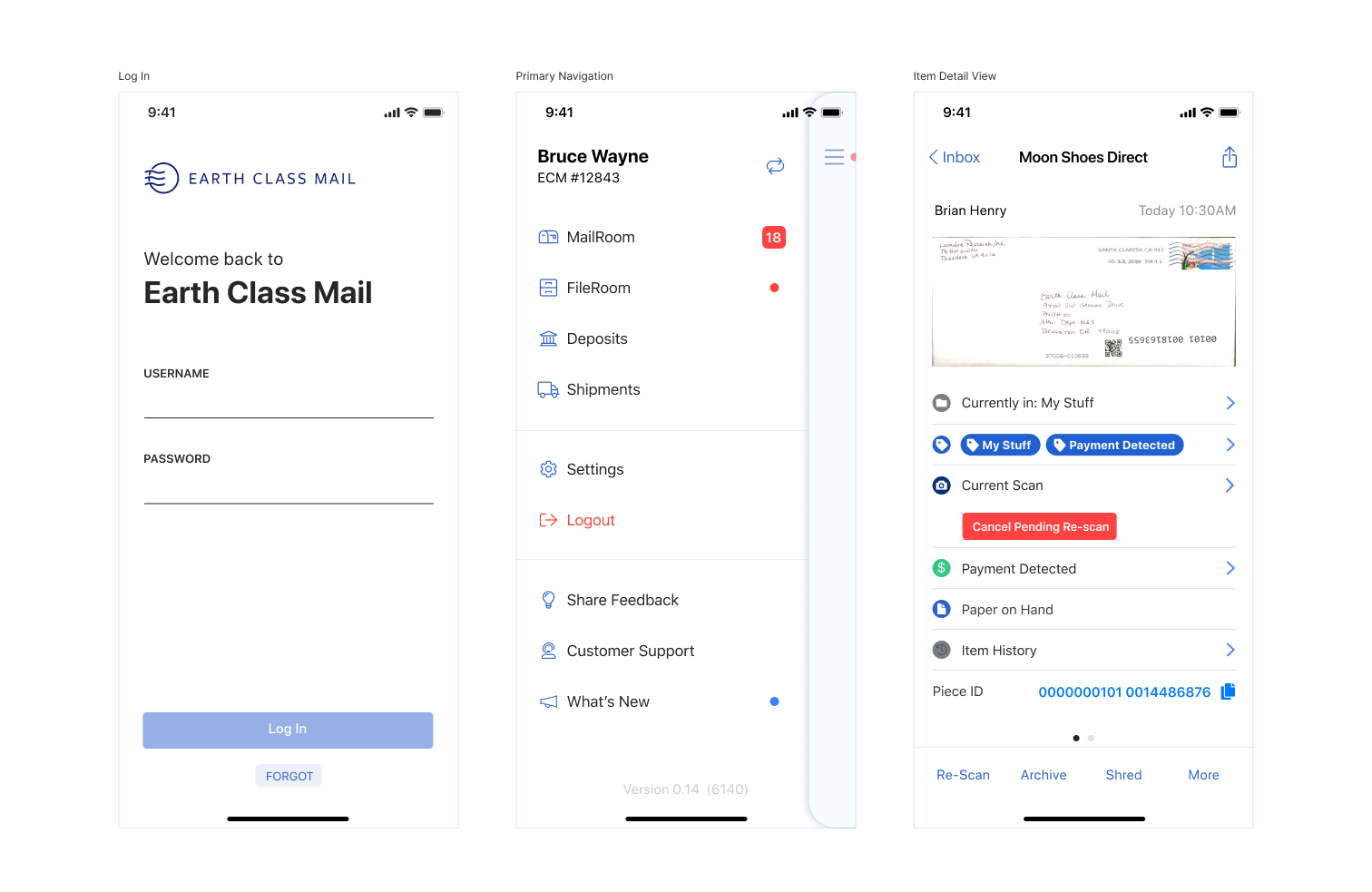 Three stills of Earth Class Mail’s Web and iOS application design - featuring login, top level navigation and item detail views.