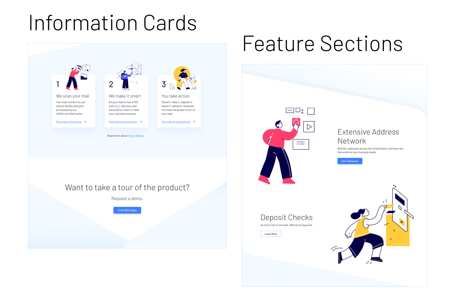 Marketing site layouts for CTA and feature sections.