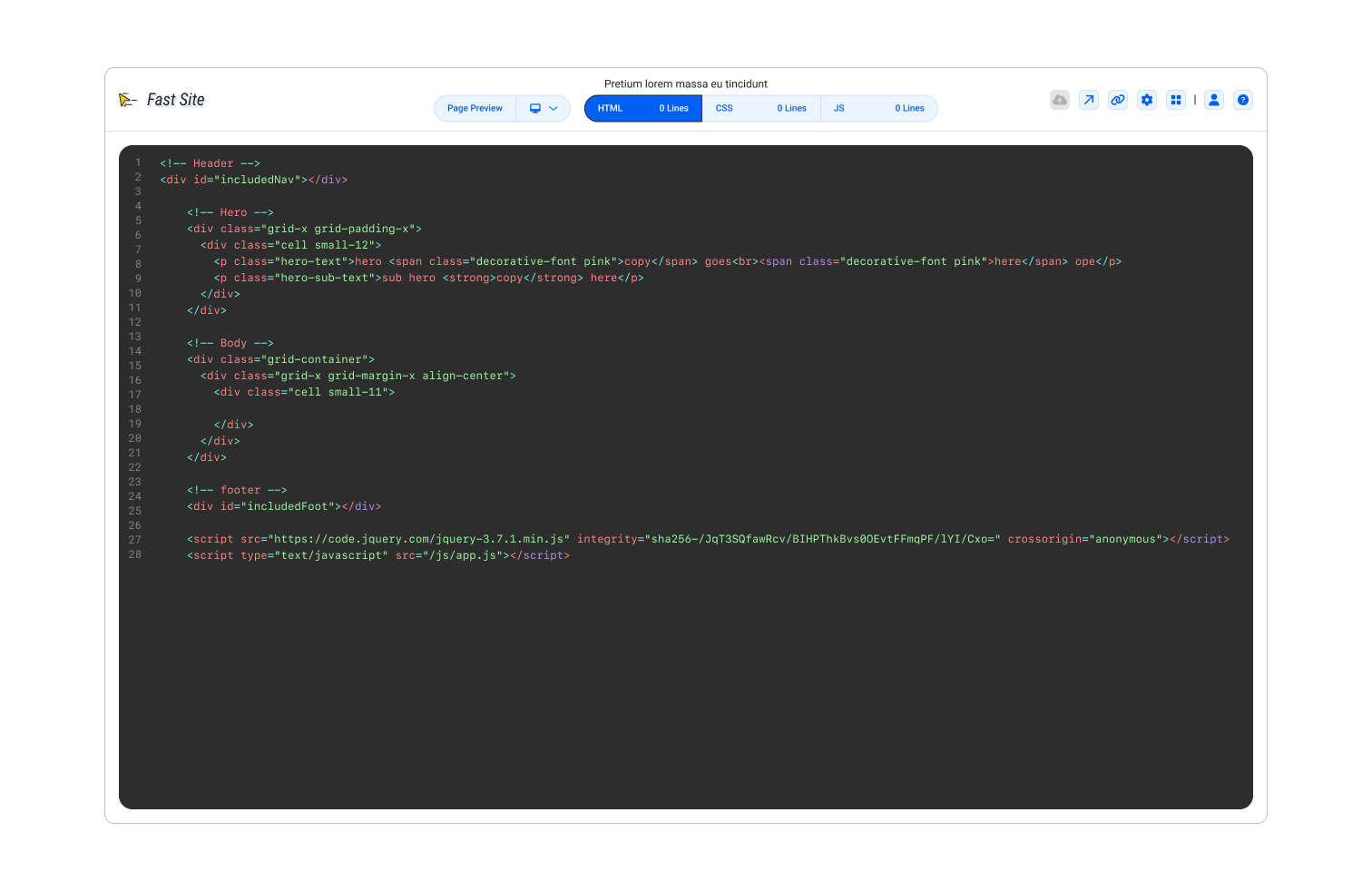 In app IDE for Total Team’s Fast Site web application.