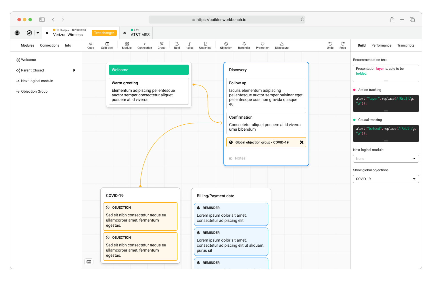 Layout for XSELL Technologies’ Builder application’s map building tab, featuring connected prompts and interaction points.