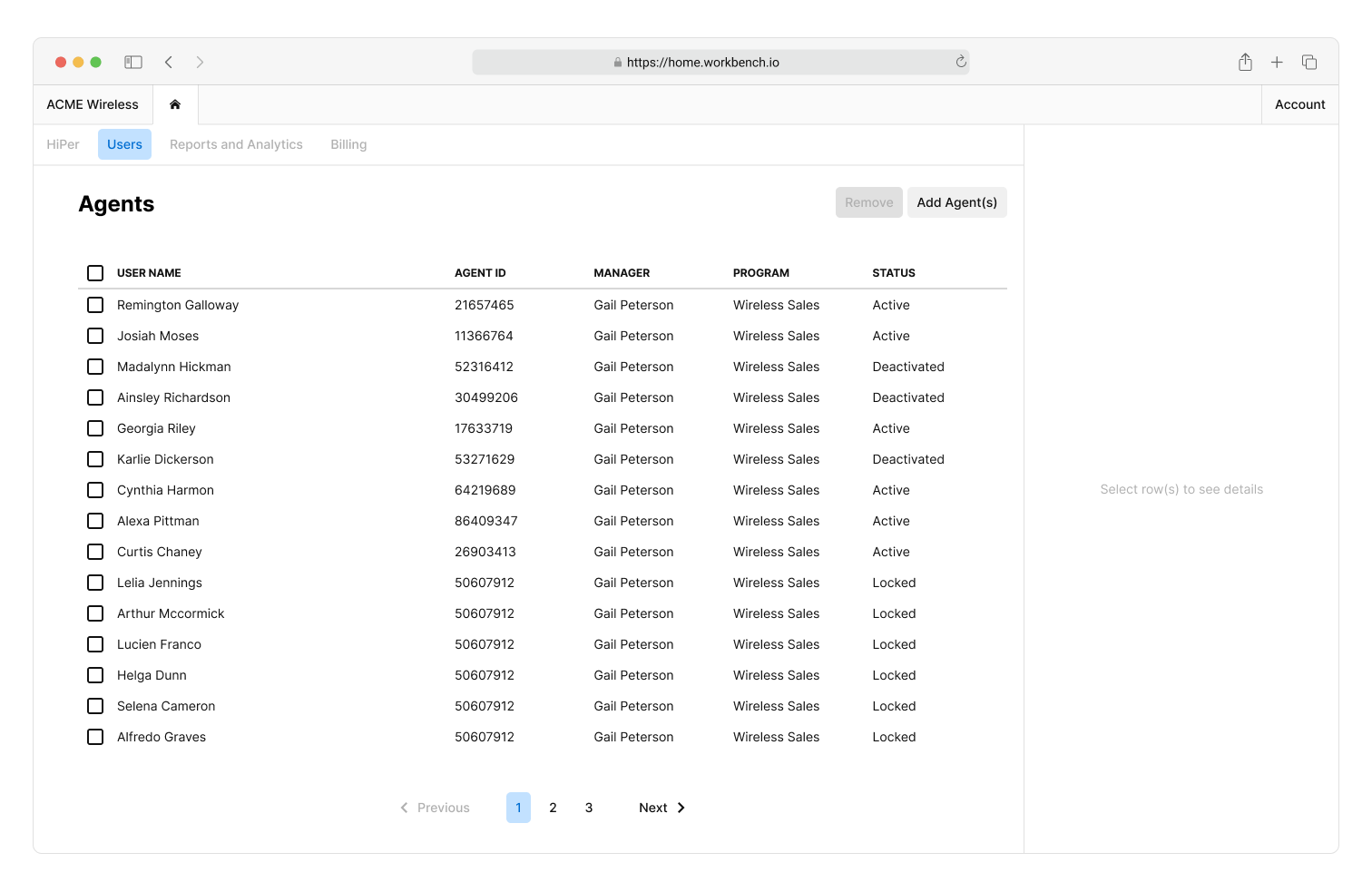 Layout for XSELL Technologies’ Workbench application’s Users page, featuring an array of users organized in a vertical table.