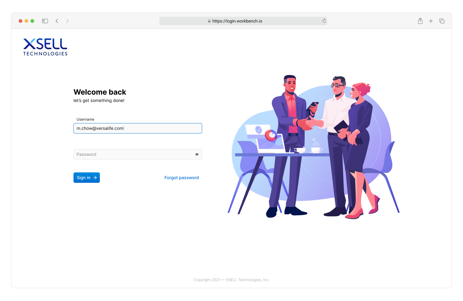 Layout for XSELL Technologies’ Workbench application log in page, featuring a simple form and large bright image of office workers.